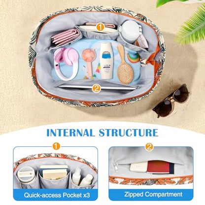 HUANLANG Large Beach Bags for Women Pool Bag with Zipper, Waterproof Sandproof Beach Tote Travel Bag with Wet Pocket - color: Orange Floral