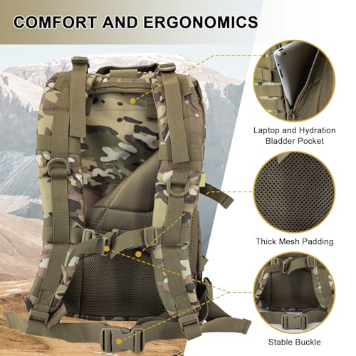 Hannibal Tactical MOLLE Assault Backpack, Tactical Backpack Military Army Camping Rucksack, 3-Day Pack Trip w/USA Flag Patch, D-Rings, Cp - color: Cp