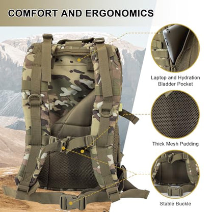 Hannibal Tactical MOLLE Assault Backpack, Tactical Backpack Military Army Camping Rucksack, 3-Day Pack Trip w/USA Flag Patch, D-Rings, Cp - color: Cp