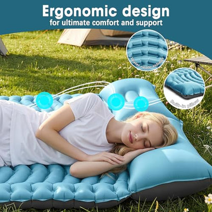 Double Sleeping Pad for Camping - Ultralight Camping Mattress with Pillow, Built-in Foot Pump, Compact Inflatable 2-Person Portable Mat for Backpacking, Hiking, Car Traveling, Beach, Tent - color: Light Blue