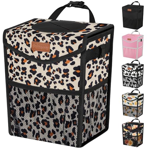 Pritent Car Trash Can with Lid, Cute Leakproof Car Trash Garbage Bag Hanging Vehicle Trash Bin Small Portable Automotive Garbage Cans Organizer for Back/Front Seat(Trapezoid,Leopard - color: Leopard, size: 2 Gallons