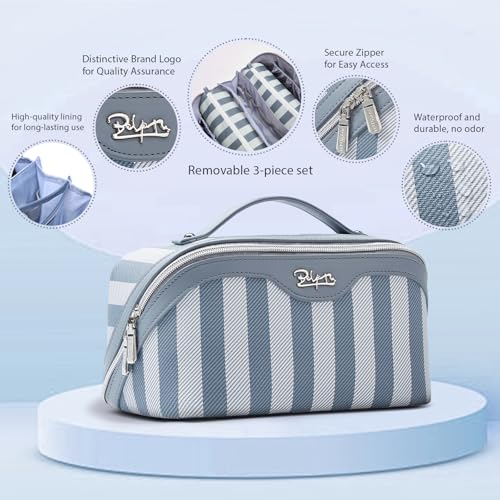 BOYATU Travel Makeup Bag Cosmetic Bag for Women: 3 Pcs Set Striped Make up Bag with Compartments - Waterproof Vegan Leather Toiletry Bags with Handle - Makeup Organizer for Travel Essentials(A-1-Blue) - color: A-1-Blue