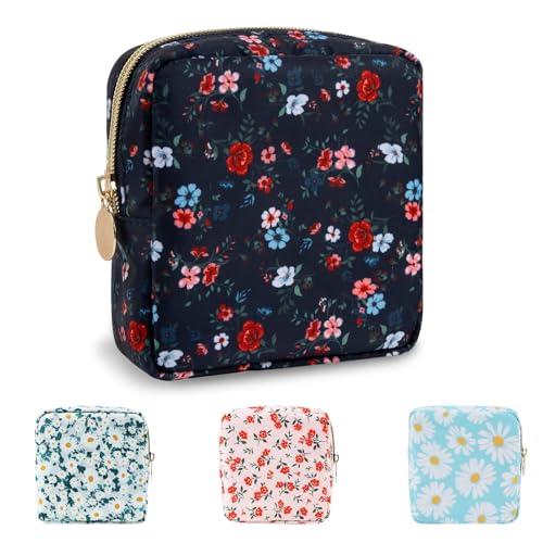 UIXIZQ Waterproof Mini Floral Makeup Bag Pouch for Purse,Nylon Flower Cosmetic Travel Bag Small Preppy Toiletry Organizers Bag for Women Girl,Cute Zipper Pouch Coin Purse for Work(Mini Black-Flowers) - color: Black-Flowers, size: Mini