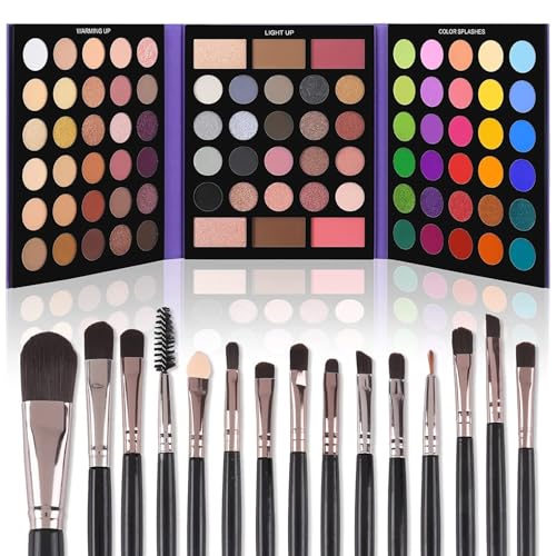 UCANBE Eyeshadow Palette with 15Pcs Brushes Makeup Set, Pigmented 86 Colors Make Up Sets Valentine's Day Gift, Matte Shimmer Glitter Eye Shadow Pallet Highlighter Contour Blush Powder Brush Beauty Kit - color: Palette B + Black Brush
