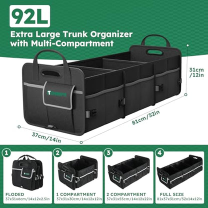 Heavy-Duty Trunk Organizer & Multi-Compartment Storage Box for SUV/Sedan/Minivan,600D Waterproof Oxford,2 Securing Hooks & Reflective Strips-Large Capacity Organiser(92L) - size: 92l (Organizer Only)
