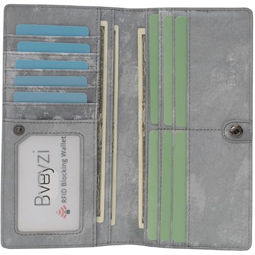Bveyzi Ultra Slim Thin Leather RFID Blocking Credit Card Holder Bifold Clutch Wallets for Women - color: Frosted Gray