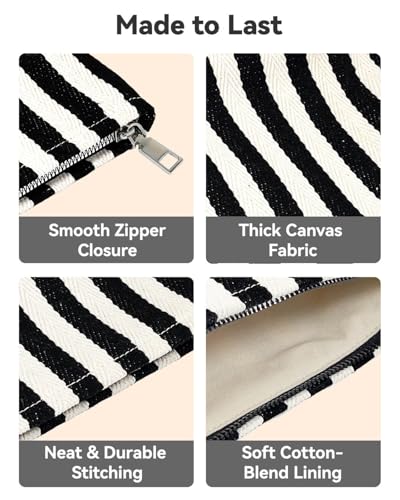 Travel Makeup Bag Set of 2, Preppy Striped Makeup Pouches for Purse, Jacquard Cosmetic Bags with Smooth Zipper Soft Lining, for Cosmetic Car Organizer, Daily, Gifts, Portable Large & Small Toiletrys - style: Striped Black Canvas
