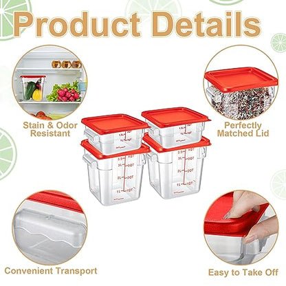 Barydat 4 Pcs Square Food Storage Containers with Lids Measurement Scales, 2qt & 4qt Clear Plastic Stackable Containers for Dough Proofing Baking Kitchen Restaurant and Pantry Organization(Red) - color: Red