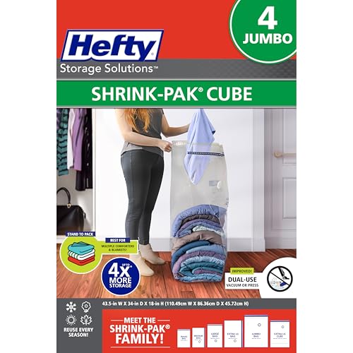 Hefty Shrink-Pak Vacuum Storage Bags – For Clothes, Pillows, Towels, Blankets & More – Space Saver Vacuum Suction Sealer Bags for Home or Travel – 4 Jumbo Cubes, 43.5 x 34 x 18 Inches - size: 4 Jumbo Cube