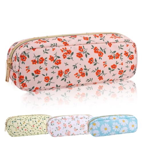 Nylon Small Makeup Bag Slim Pouch, Cute Floral Preppy Makeup Brush Bag Portable Make up Pouch with Zipper, Waterproof Travel Toiletry Bag Coin Purse Storage Organizer for Women Girls(Orange Flower) - color: Orange-Flower, size: Slim