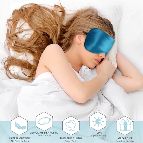 Silk Sleep Mask 100% 22 Momme Mulberry, Sleep Eye Mask for Women Men, Blackout Blindfold with Adjustable Strap, Side Sleeper Eye Cover, Soft Eyeshade Filled with Premium Mulberry Silk (Peacock Blue) - color: 22 Momme-peacock Blue