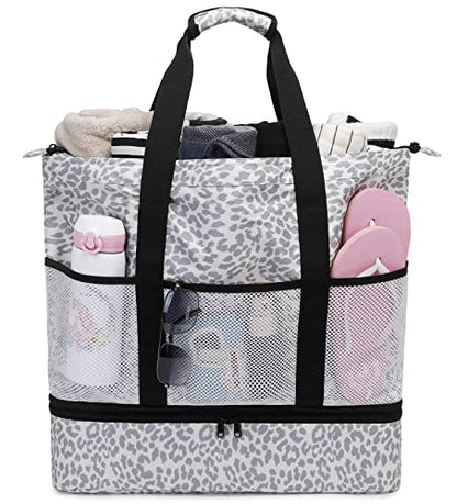 JIANYA Beach Bag Women Waterproof Sandproof Beach Tote Bags with Cooler Top Zipper Large Totes for Pool Travel Daily - color: *Leopard-3