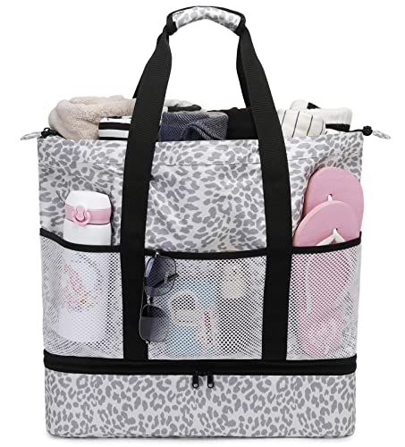 JIANYA Beach Bag Women Waterproof Sandproof Beach Tote Bags with Cooler Top Zipper Large Totes for Pool Travel Daily - color: *Leopard-3
