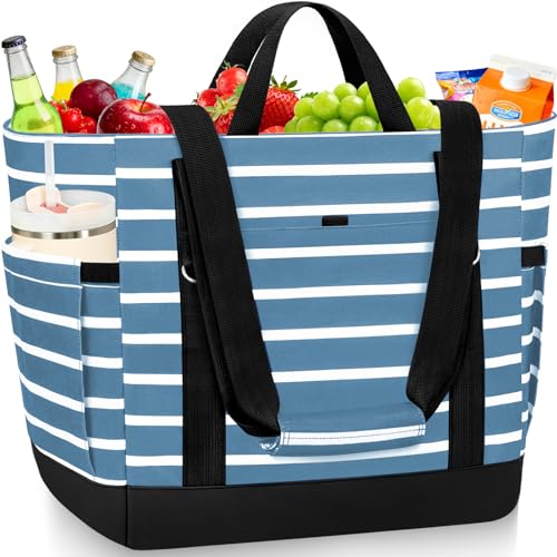 Cooler Bag Insulated, Soft Side Cooler, Reusable Grocery Bags with Zipper Closure, Thermal Leakproof Large Insulated Tote Bag for Hot/Cold Food for Grocery, Beach, Travel, Picnic - color: Gray Blue and White
