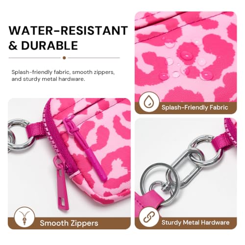 YDF Small Nylon Wristlet Wallet for Women, Minimalist Zip Keychain Coin Purse Card Case with Clear ID Window, Water-Resistant Pouch - color: Hot Pink Leopard