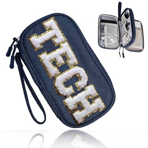 COSHAYSOO Small Electronics Organizer Bag with Chenille Letter Patch for Women Travel Gift, Cord Charger Cable Traveling Accessory Pouch Essential Supply Storage Case (Navy Blue) - color: Navy Blue