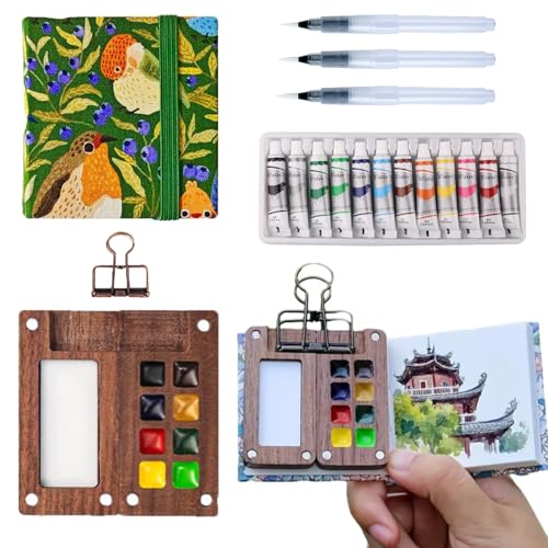 Aimery Mini Watercolor Paint Travel Set, Portable Pocket Size Water Color Painting Kit with Wooden Palette, Refillable Brush & Sketchbook(Hummingbird) – Gift for Birthdays, Beginners, Art Lovers - style: Hummingbird