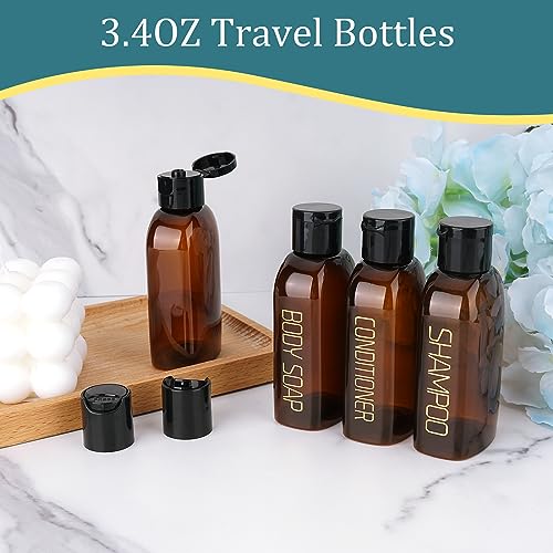 Cosywell Travel Bottles for Toiletries 4pcs 3.4oz Travel Shampoo and Conditioner Bottles TSA Approved Travel Size Containers Leak Proof Small Plastic Squeeze Bottles with Flip Cap - color: B-3.4oz-Brown-3label1blank