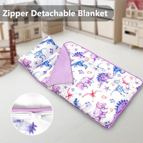Primlect Toddler Nap Mat Extra Large Thickened 55''x35'', Soft Sleeping Bag with Detachable Minky Blanket and Pillow, Portable for Daycare, Preschool, Kindergarten, Travel, Boys and Girls - color: Purple Dinosaur