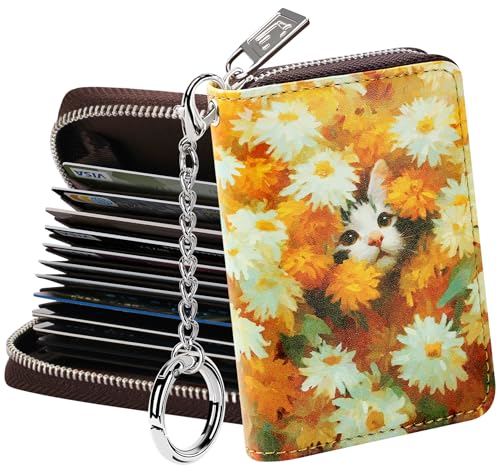 FurArt Zipper Wallet Women, RFID Blocking Credit Card Wallet, Business Card Holder, Compact Size KeyChain Wallet - color: Daisies and Cat