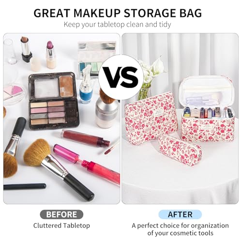 senbowe Floral Makeup Bag, 3 Pack Large Cotton Quilted Makeup Bag Set, Cute Floral Coquette Aesthetic Toiletry Bag Make Up Cosmetic Bag for Women, Toiletry Travel Make Up Organizer Bag - color: Rose Red Flower
