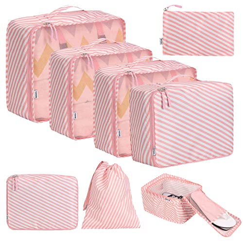 BAGAIL 8 Set Packing Cubes Luggage Packing Organizers for Travel Accessories-White and Pink Stripe - color: White and Pink Stripe, size: 8 Set