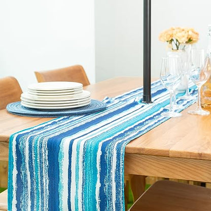 YiHomer Indoor Outdoor Tabletop for Spring Summer Decorations, Picnics and Dinner Parties - Stain and Water Resistant, Crayon Art (Ocean), Zipper Table Runner, 14 x 72 with Umbrella Hole - size: 14" x 72" (Zipper)