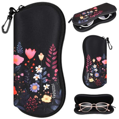 Sunglasses Case with Belt Clip, Ultra Light Neoprene Zipper Soft Padded Glasses Case for Women Men - color: Night Flower