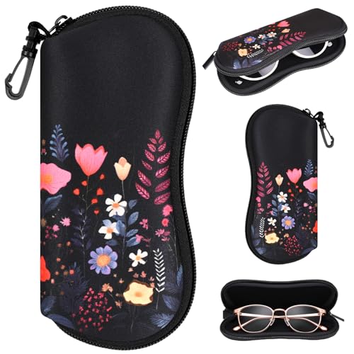 Sunglasses Case with Belt Clip, Ultra Light Neoprene Zipper Soft Padded Glasses Case for Women Men - color: Night Flower