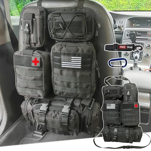 6 Pack Tactical Molle Car Seat Back Organizer Tactical Vehicle Panel with 5 Detachable Molle Pouch for Car Truck Ford Jeep Vehicle,US Patch Automotive Organizer For Man (5 Pouches) - style: 5 Pouches
