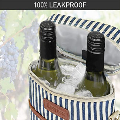 opux 2 Bottle Wine Carrier Tote, Insulated Leakproof Wine Cooler Bag, Wine Travel Bag for Picnic BYOB Beach, Portable Wine Bottle Carrying Case, Gift for Wine Lover Women Men Christmas,Stripe - color: Navy Stripes