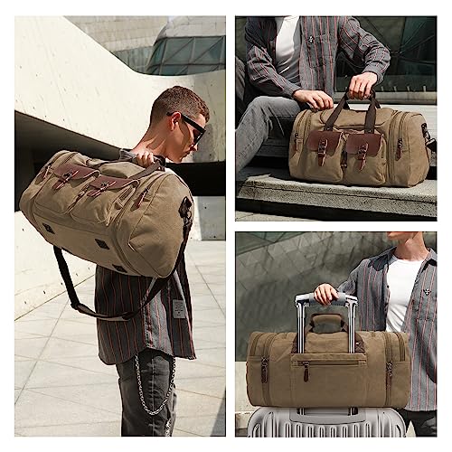 Wildroad 60L Travel Duffel Bag, Expandable Canvas Genuine Leather Duffle Bag Upgraded Overnight Weekender Bag Carry on Bag (Coffee, X Large-60L) - color: Coffee, size: X Large-60L Duffle Bag