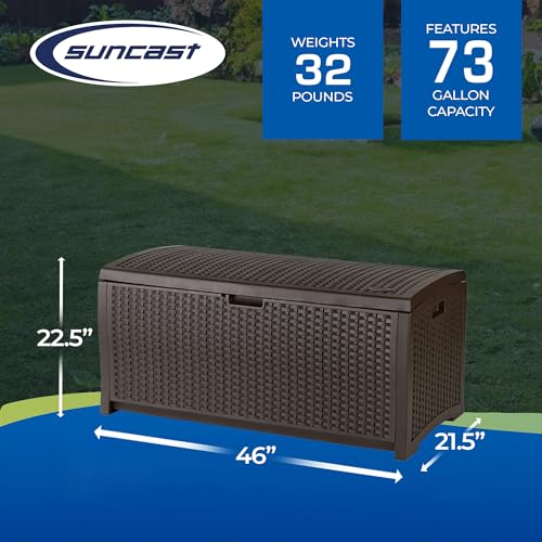 Suncast Outdoor Storage Box - 73 Gallon Mocha Brown Deck Box for Patio, weather-resistant Outdoor Storage Bench, Resin Wicker Style, Heavy-Duty, Lockable Lid for Cushions, Shoes, Pool & Garden Gear - style: Deck Box