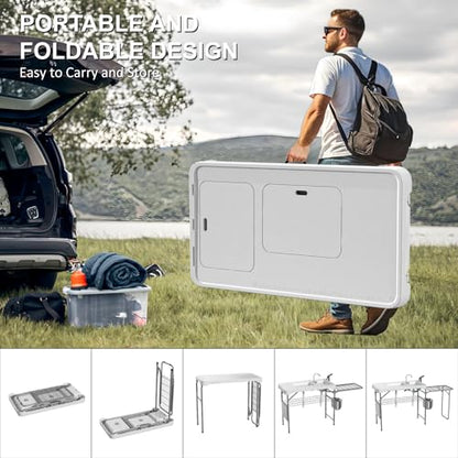 42.5" Fish Cleaning Table with Dual Sink, Portable Folding Camping Table with Foldable Extension Stand, Faucet, Sprayer, Grid Rack, Hose Hook Up & Knife Groove, Outdoor Sink Station for Picnic - style: Fish cleaning table with extension stand
