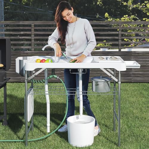 42.5" Fish Cleaning Table with Dual Sink, Portable Folding Camping Table with Faucet, Sprayer, Grid Rack, Hose Hook Up & Knife Groove, Outdoor Sink Station for Picnic Beach Patio - style: Fish cleaning table with dual sink