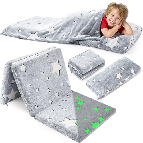 Preschool Nap Mat with Pillow and Blanket, 21" x 50" Glow Sleeping Bag Toddler Nap Mat for Daycare Kids, 2" Thick All in one Foldable Floor Mattress for Girl Boys - style: Star Pattern