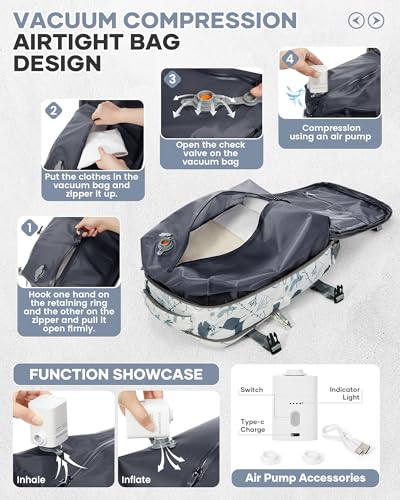 WONHOX Vacuum Seal Backpack for Travel with Air Pump Vacpack Carry on Flight Approved Compression Daypack Laptop Space Saver Bags Storage with Vacuum System 18x14x8 inches Travel Bag Women LeafWhite - color: A10-white