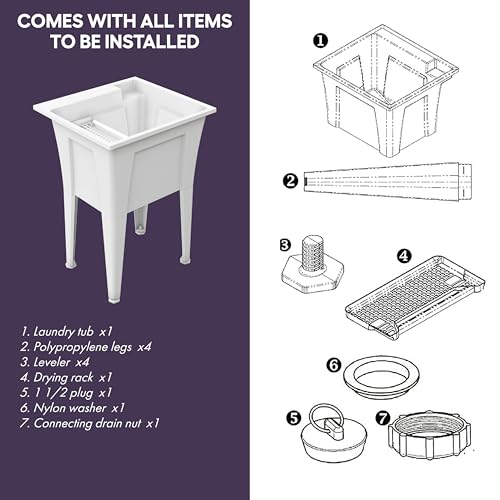 24” Utility Sinks for Laundry Room, Garage, Garden, Basement – Noah William Home Indoor and Outdoor Polypropylene Basement Wash Tub - No Faucet Included (White) - color: White, size: 24" - 19.5 gal