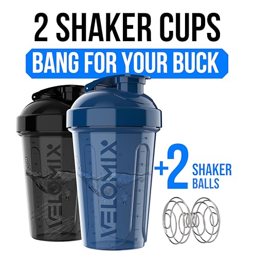 VELOMIX -2 Pack- 20 oz Protein Shaker Bottles for Protein Mixes - 2x Wire Whisk | Leak Proof Shaker Cups for Protein Shakes and Pre Workout | Protein Shaker Bottle Pack (B5) Blue/Black - color: B5) Blue / Black