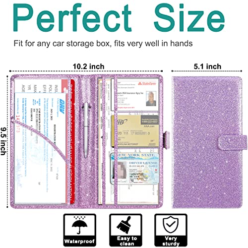 RSAquar Car Registration and Insurance Holder, Vehicle Car Glove Box Organizer, Cool Car Accessories for ID, Driver License Cards & Essential Document, Men&Women, Purple Glitter - color: Glitter Purple
