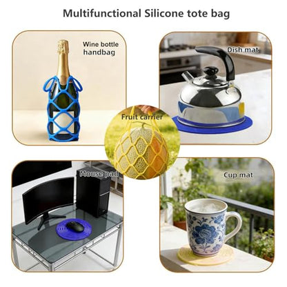 Honfor 2 Pack Silicone Wine Carrier Tote Bag Portable Reusable Foldable Single Wine Bottle Holder with Secure String Multi-functional Mesh Coaster Silicone Mesh bag for Fruit Bottles Beer Travel Mug