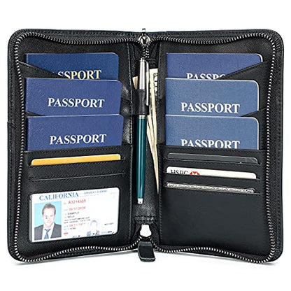 Polare Full Grain Leather Passport Holder Cover Case for Men and Women RFID Blocking Family Travel Wallet Holds 6 Passports - color: Black