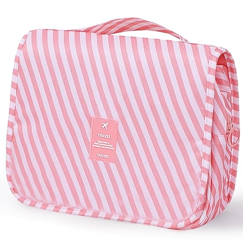 Travel Toiletry Bag for Women, Hanging Toiletry Bag with Multi-Pockets, Toiletry Bag for Traveling Easy Clean, Travel Organizer Bag Pink-strip - color: Pink-strip