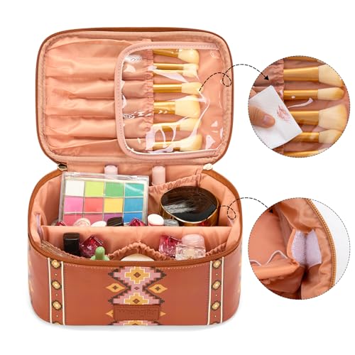 Montana West X Wrangler Travel Makeup Bag 2pcs Set Large Cosmetic Bag with Makeup Brush Holder Portable Make Up Organizer Cute Toiletry Bag with Divider and Handle for Women Aztec - color: Aztec-Brown