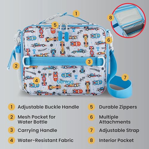 Bentgo Kids Prints Lunch Bag - Double-Insulated, Reusable, for Kids 3+, Adjustable Strap; Holds Lunch Box/Water Bottle/Snacks; Easy-Clean, Water-Resistant, Pockets (NEW Race Cars) - color: Race Cars