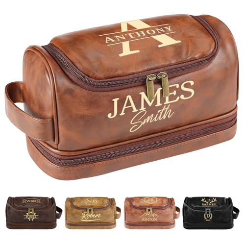 Personalized Toiletry Bag for Men, Engraved Name & Text, Father's Day Birthday Gifts for Men, Dad, Leather Men's Toiletry Bag for Traveling, Customized Birthday Gifts for Husband, Grandpa, Lover - color: Brown
