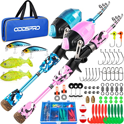 ODDSPRO Kids Fishing Pole Pink, Portable Telescopic Fishing Rod and Reel Combo Kit - with Spincast Fishing Reel Tackle Box for Girls, Youth - color: 2 pack (Blue+Light Pink), size: 4.92 ft