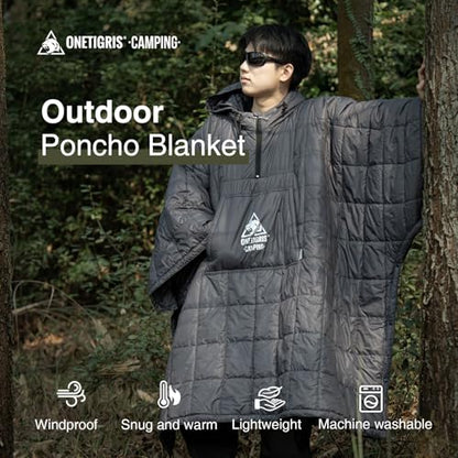 ONETIGRIS Camping Blanket Poncho with with Recycled Synthetic Insulation,Wearable Hoodie Blanket | Ultralight Water-Resistant Warm Camping Blanket for Outdoor, Hiking, Stadium - color: 1pc-grey