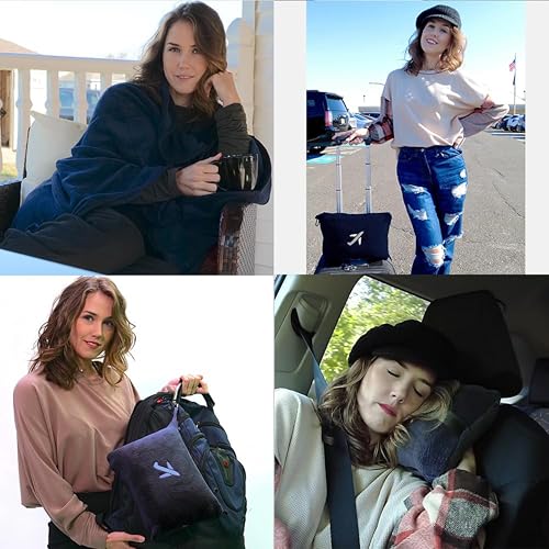 BlueHills Premium Soft Travel Blanket Pillow in Mini Soft Case Plush Airplane Blanket Compact Pack with Luggage Belt and Backpack Clip Long Flights Essentials Navy Blue M04 - color: Navy-m04