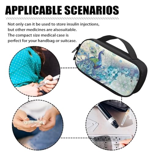 Diabetes Travel Case for Blood Sugar Monitor, Peacock Print Diabetic Medication Insulated Cool Organizer with 2 Zipper + 2 Inner Compartments for Travel Essential - color: Peacock Print